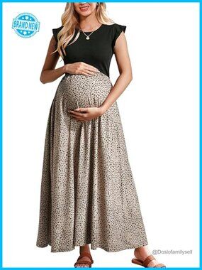 Maternity Dress Summer Ruffle Sleeve Patchwork Flowy Maxi Dresses with Pockets